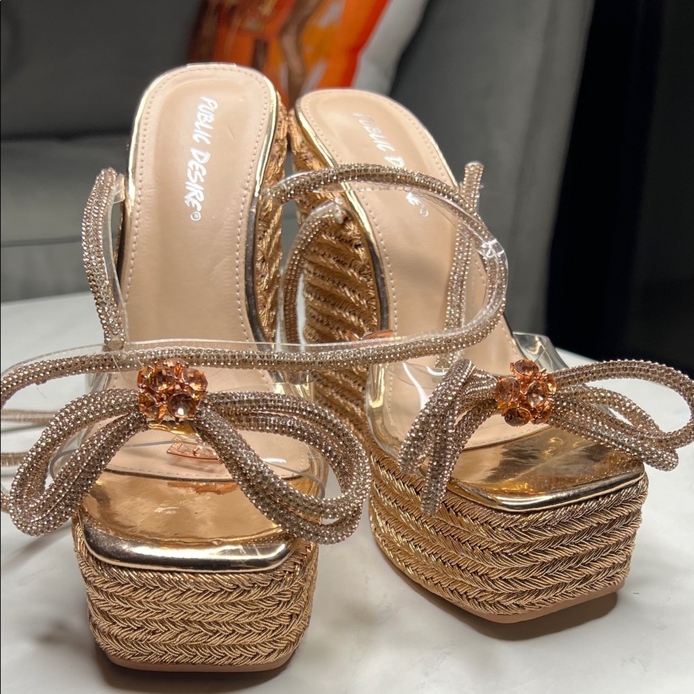 Public Desire Gold and Tan Platform Heels